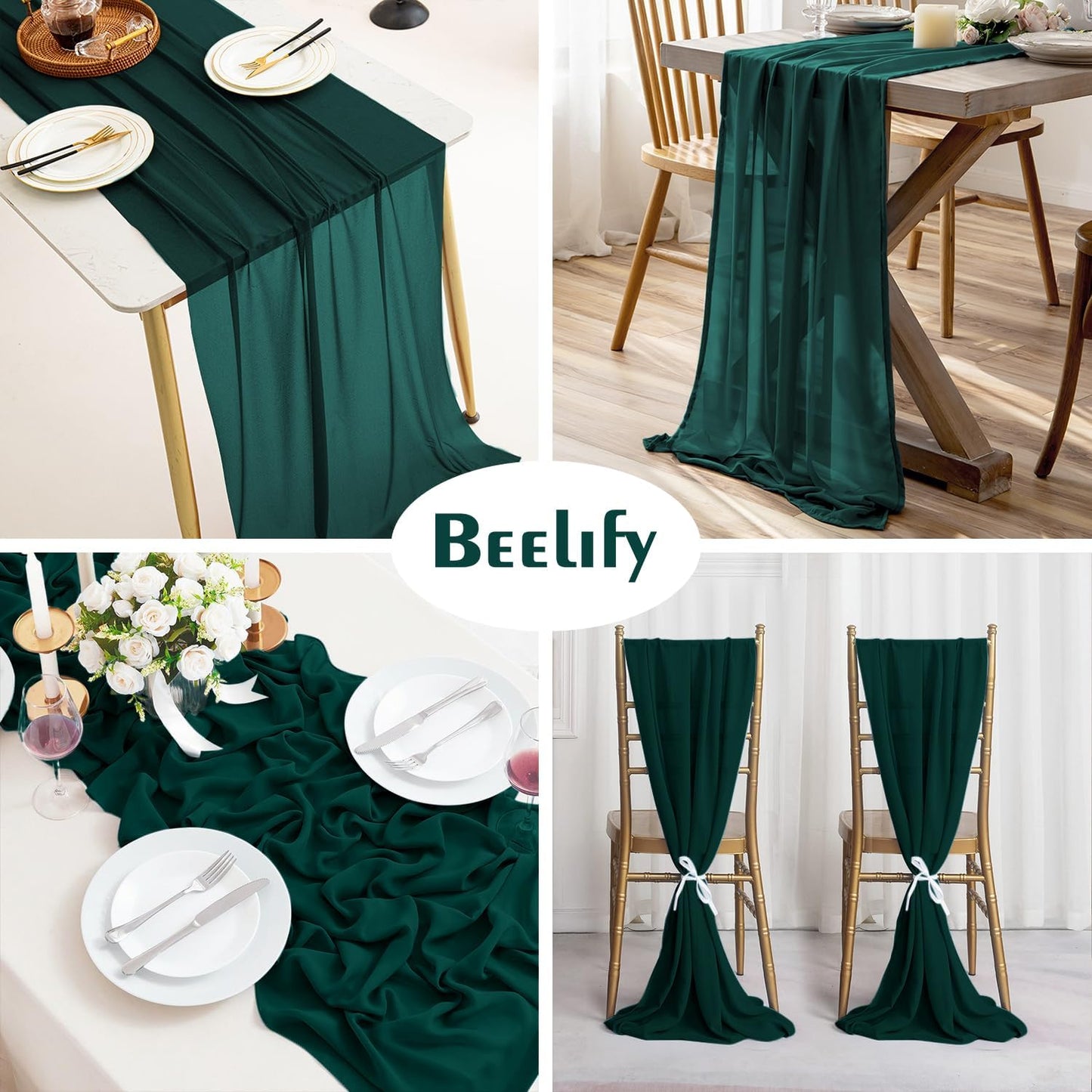 2 Pack 10 Ft Chiffon Table Runner Emerald Green Gauze Long Table Runners 27x120 Inches Sheer Tulle Table Runner for Rustic Wedding Reception Bridal Shower Decorations Birthday Party