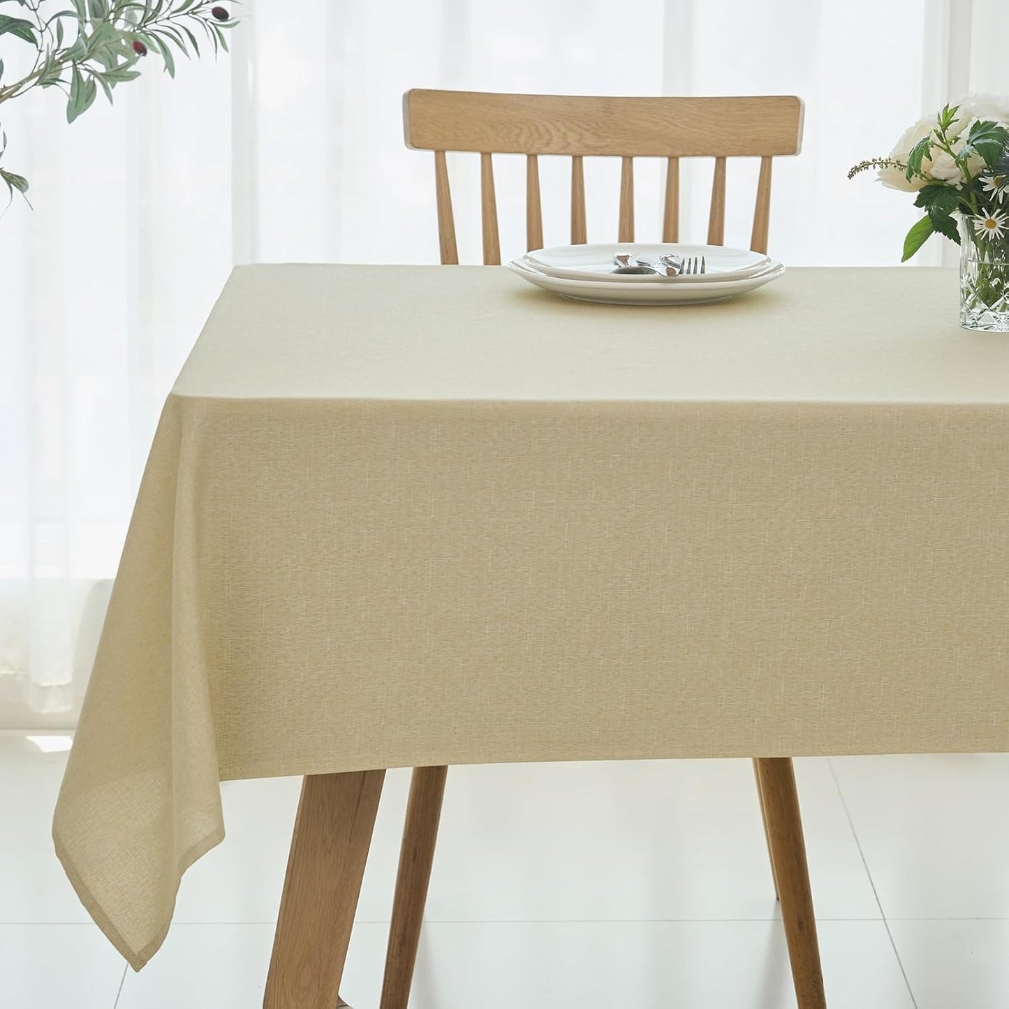 maxmill Rectangular Tablecloth Linen Texture Stain Proof Waterproof Wrinkle Free Spillproof Washable Slubby Texture Table Cloth Farmhouse Tablecloths for Dining Party Holiday, 60 x 140 Inch, Beige