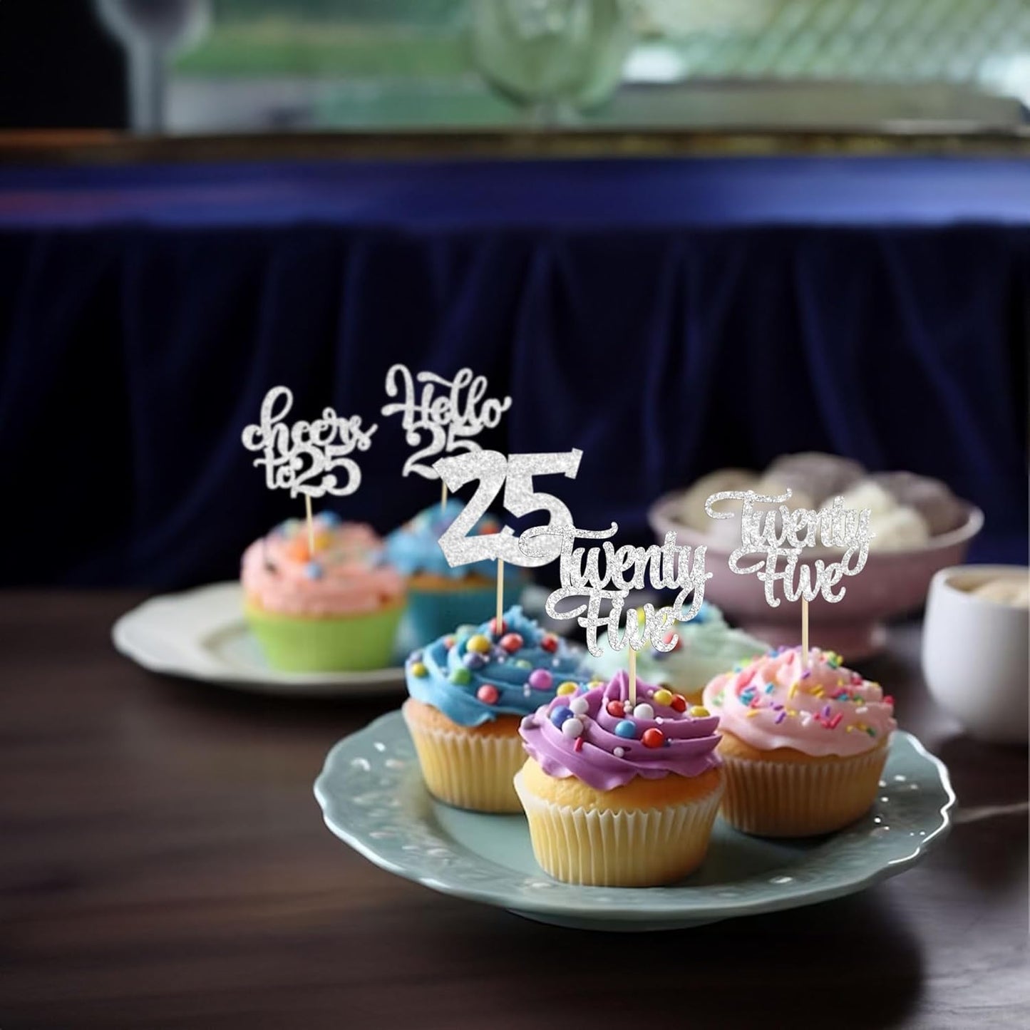 30pcs 25th Birthday Cupcake Toppers - Silver Glitter Cheers to 25 Years Old Cake Decorations for 25th Birthday Anniversary Party Supplies