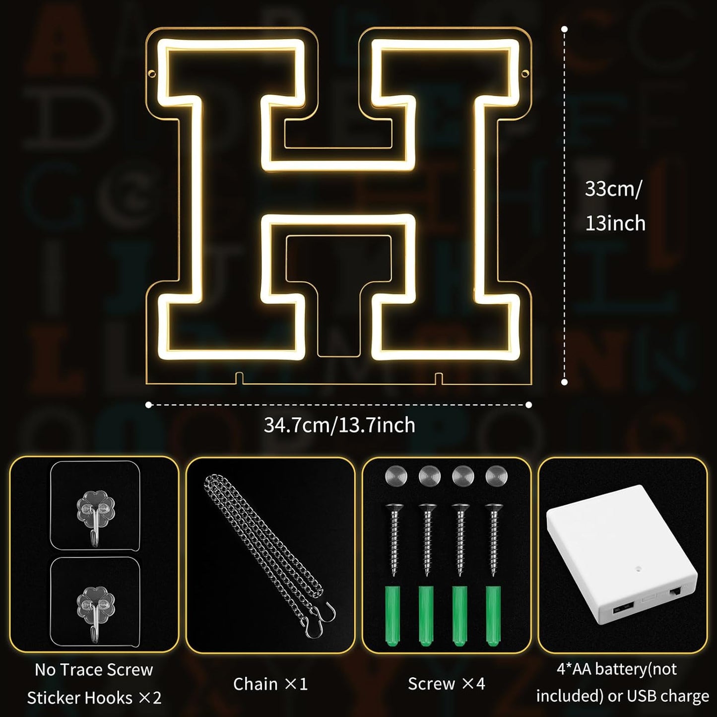 Light Up Letters H, Led Marquee Letter Lights Neon Sign, 13" Height Decorative Lighted Alphabet Number, Battery/USB Powered Led Letters Lights for Wedding, Birthday, Party, Christmas or Home Decor