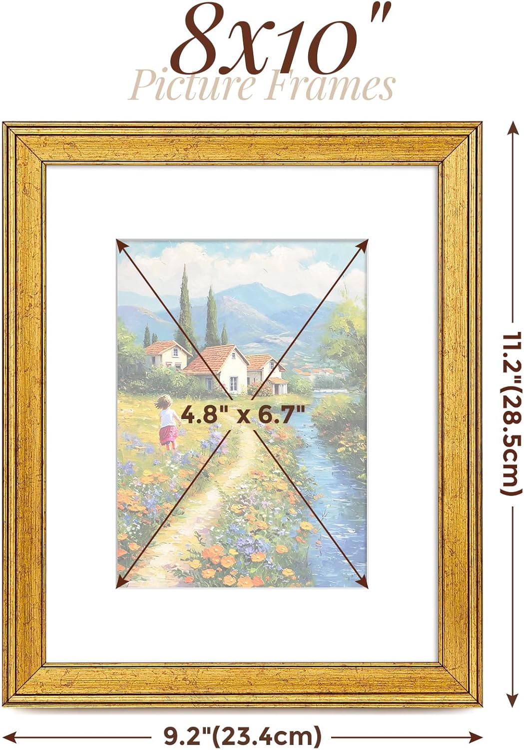 TWING 8x10 Gold Picture Frames Set of 6,Rustic Gold Frames Display Pictures 5x7 with Mat or 8x10 without Mat,Tabletop Display and Wall Mounting Collage Photo Frame Set for Wall Gallery