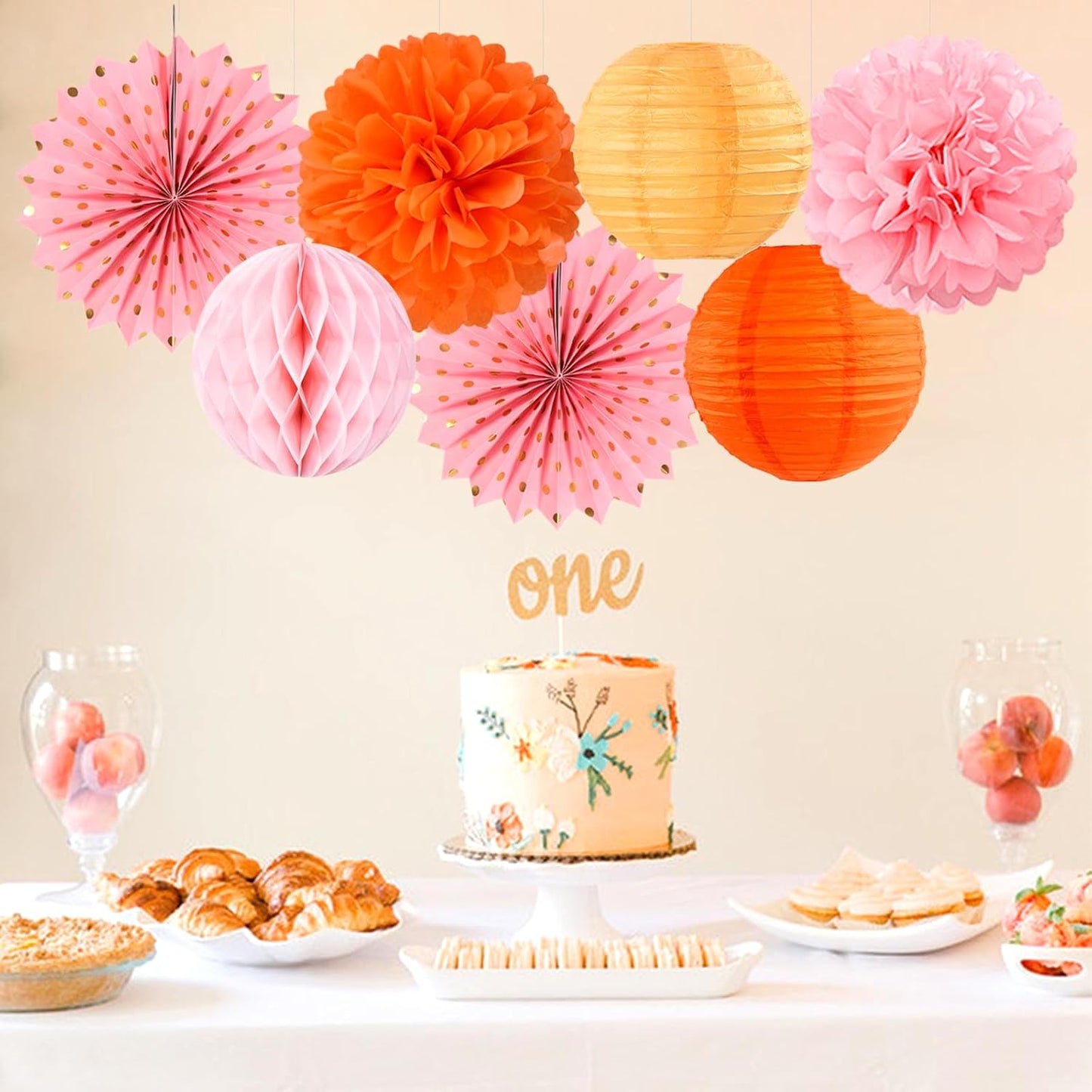 Pink-Orange Groovy-Thanksgiving Engagement Party-Decorations - 14pcs Fall Autumn Harvest Paper Lanterns Fan,Tissue Pom Poms Streamers,Honeycomb Balls,Birthday Baby Bridal Shower Wedding Decor Ouruola
