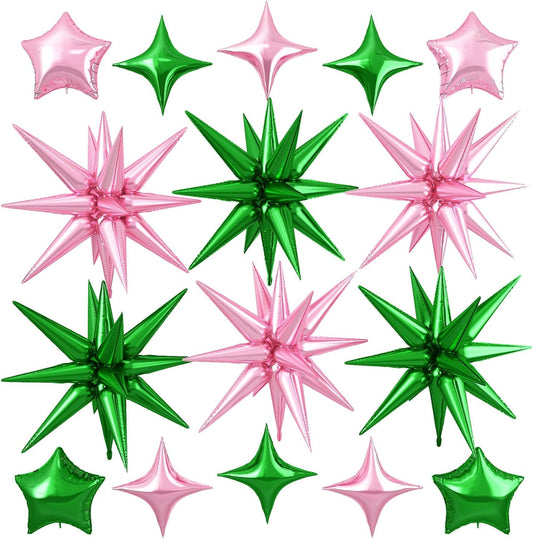 Pink Green Star Balloon,16Pcs Star Foil Balloons Set with 22Inch Explosion Spike Cone Balloons and 10Inch Quadrangle Helium Balloon for Birthday Wedding Baby Shower Party Decorations