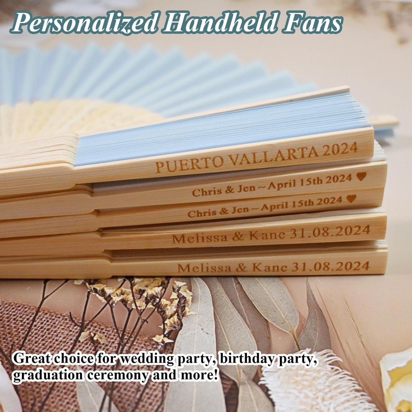 Personalized Engraved Light Blue Fans, Folding Hand Fans 70 Pcs, Wedding Party Favors, Custom Silk-Bamboo Fans