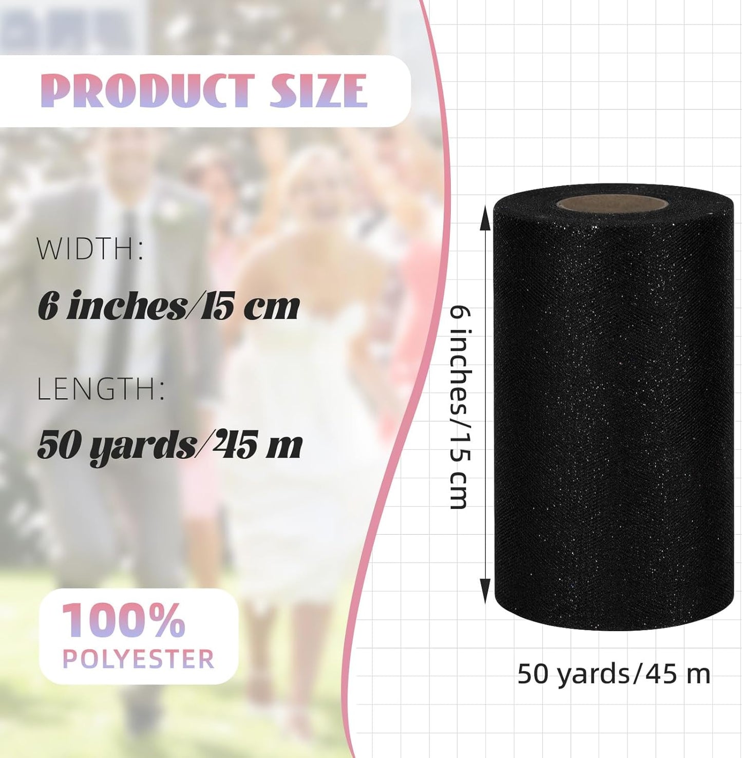 Glitter Tulle Rolls 6” by 50 Yards Sparkle Tulle Fabric Ribbon Sequin Tulle Netting Rolls for DIY Tutu Skirt Wedding Birthday Party Decoration (Black)