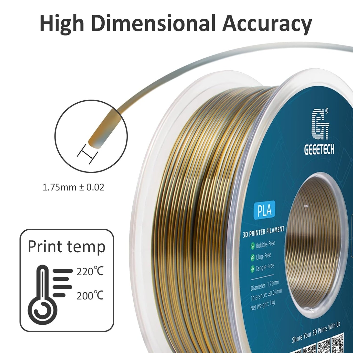 Geeetech Silk PLA Filament 1.75mm Silk Dual Color Filament, Coextrusion Dichromatic Metal-Like Shiny Consumable 1kg (2.2lbs) 1 Spool, Dimensional Accuracy +/- 0.02 mm, Gold Silver