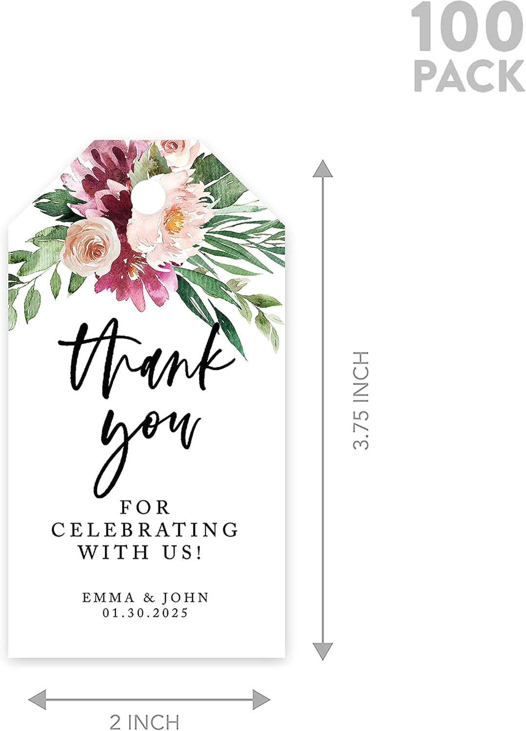 Andaz Press 100-Pack Personalized Thank You for Celebrating with Us Wedding Favor Tags with Bakers Twine Spring Watercolor Florals Custom Cardstock Wedding Gift Tags for Party Favors 2 x 3.75-Inches