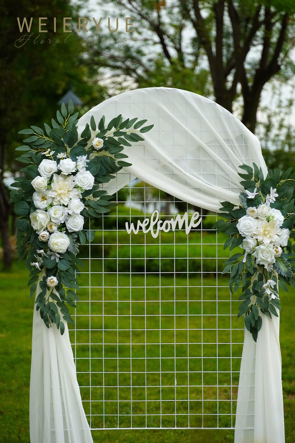 Artificial Wedding Arch Flowers Kit(Pack of 3),2Pcs Artificial Flower Arch Decor,1Pcs Sheer Drape for Wedding Ceremony Arbor for WeddingCeremony (White Rose Wedding)
