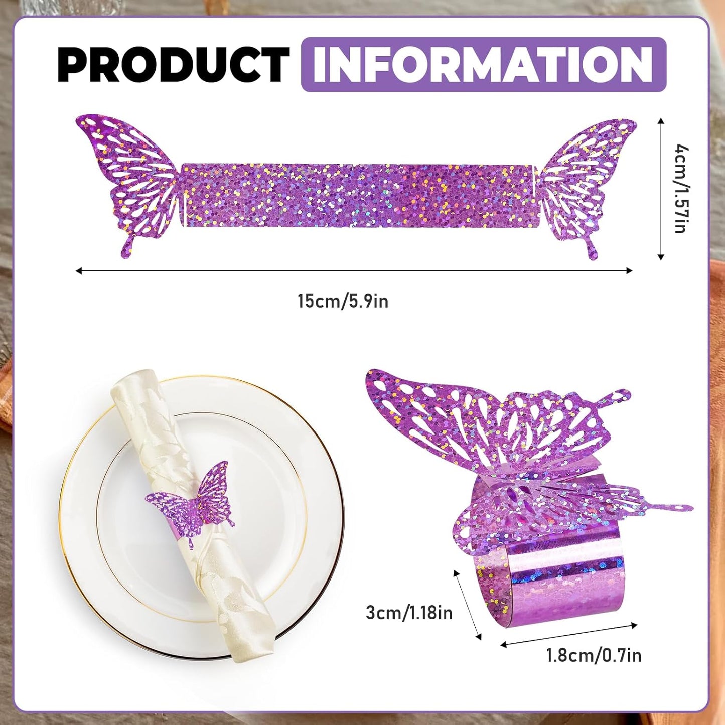 100 Pcs 3D Purple Sequined Butterfly Napkin Rings Silverware Wraps Bands,Iridescent Table Setup Wedding Valentines Day Event Party Supply Table Settings, Glossy Serviette Buckles Decor（Purple）