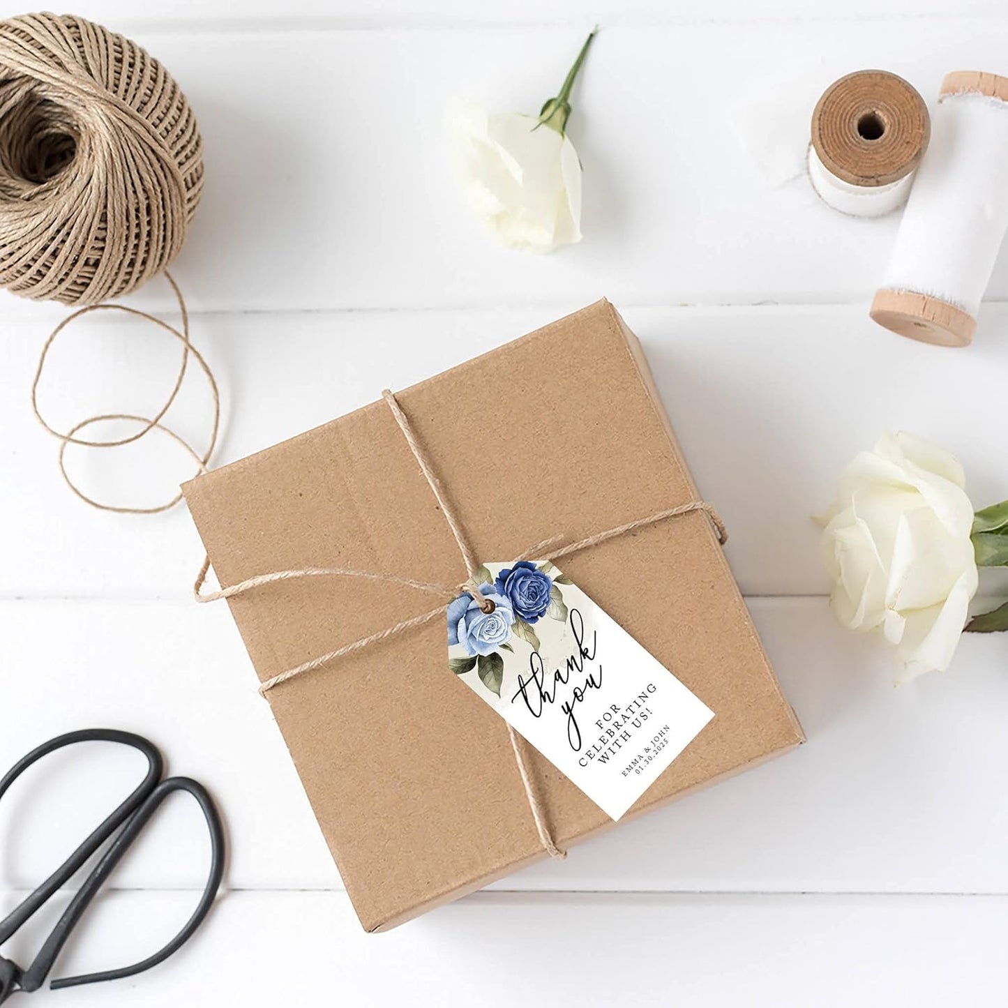 Andaz Press 100-Pack Personalized Thank You Tags with Bakers Twine ICY Blue Roses Custom Cardstock Wedding Gift Tags for Wedding Party Favors 2 x 3.75-Inches