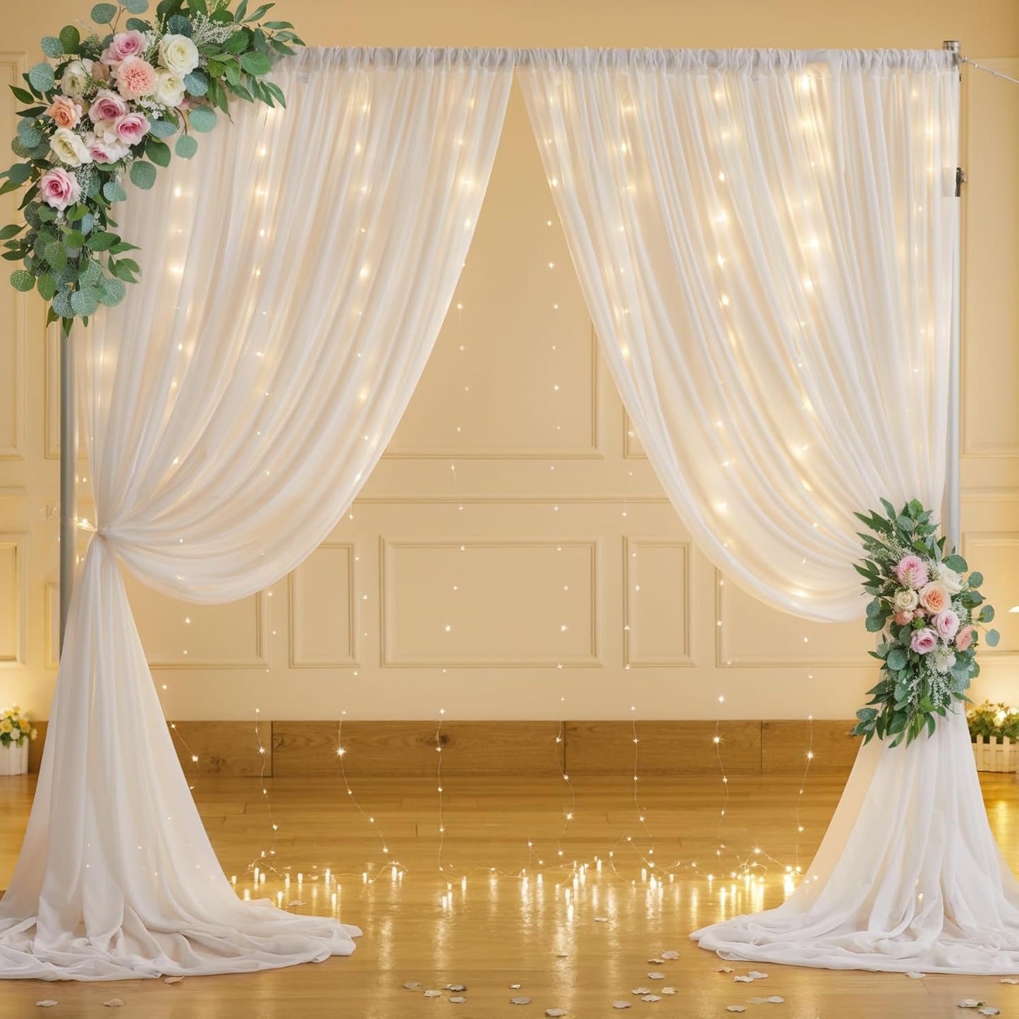 10ft x 7ft White Chiffon Backdrop Curtain with Lights String for Parites Wedding Wrinkle Free Curtain Photo Backdrops Drapes for Baby Shower Birthday Party Home Decorations