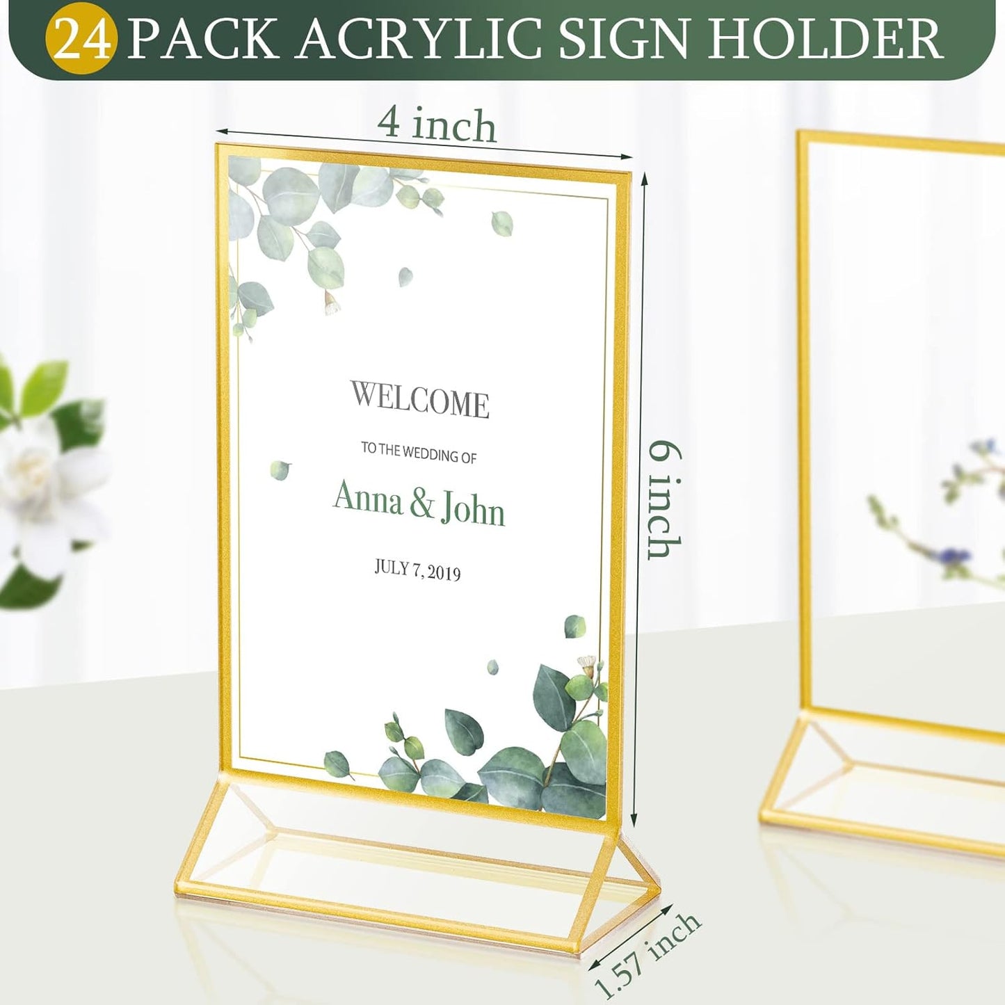 24 Pack Gold Picture Frames 4 x 6 Inch Clear Acrylic Sign Holders Double Sided Display Frames Bulk with Stand 2 mm Gold Border for Table Numbers Wedding Party (Vertical)