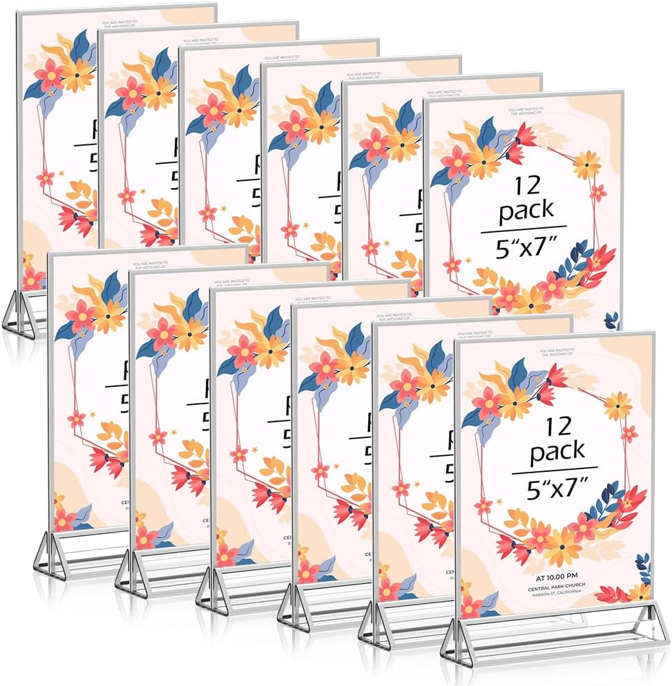 5X7 Acrylic Sign Holder 12 Pack, Double Sided Silver Picture Frames Clear Wedding Table Numbers for Party, Menu, Restaurant, Photo, Office, Hotels, Meetings