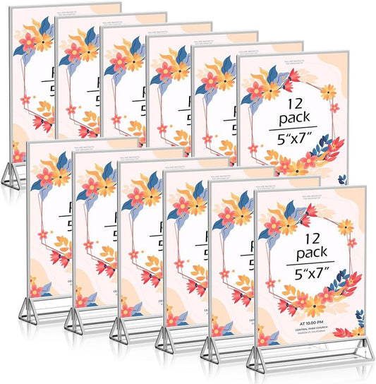 5X7 Acrylic Sign Holder 12 Pack, Double Sided Silver Picture Frames Clear Wedding Table Numbers for Party, Menu, Restaurant, Photo, Office, Hotels, Meetings