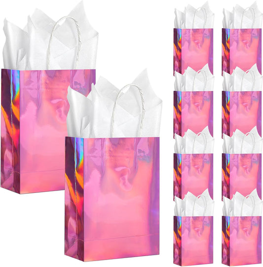 24 Pcs Iridescent Pink Gift Bags Decorations, Holographic Foil Party Favor Bags with Handles, Pink Paper Candy Goodie Bag with 24 Tissue Paper for Graduation Birthday Baby Shower Party Supplies