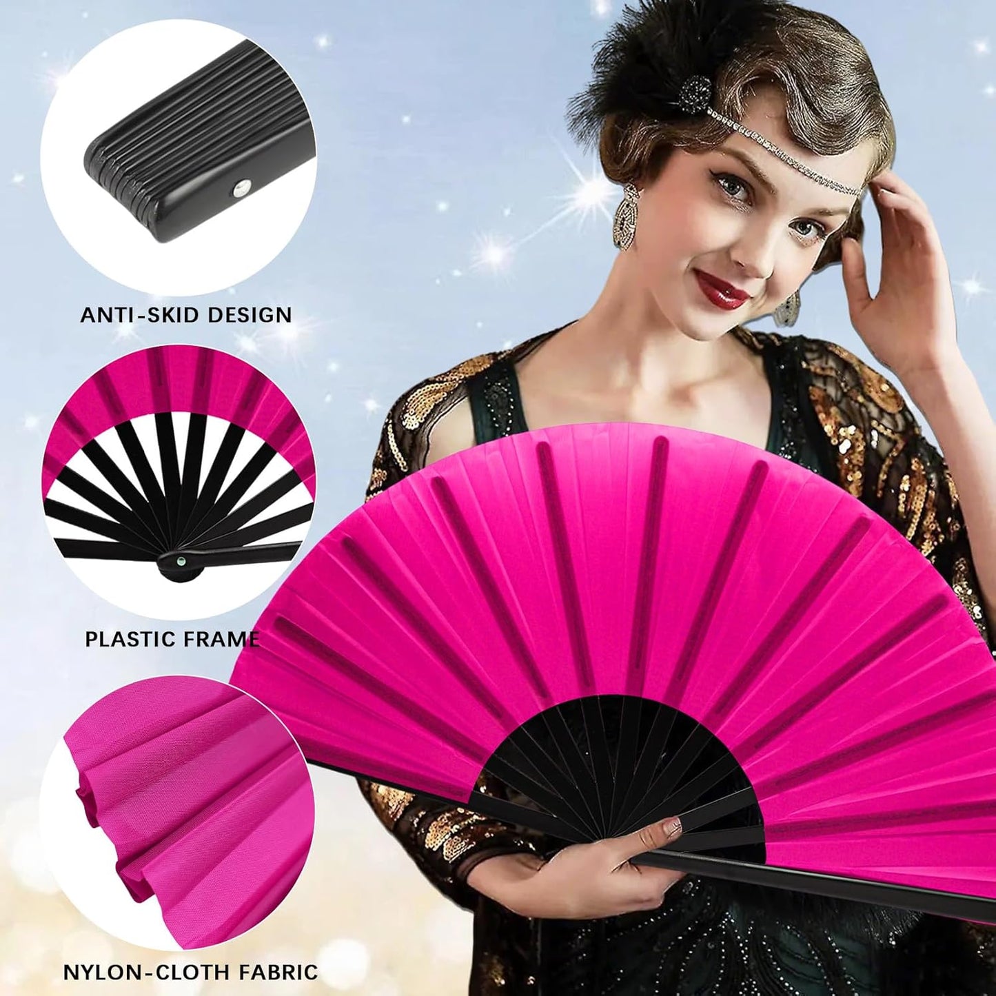 13inch Large Rave Fan Popping Clacking Fans for Line Dancing,Hand Fans for Women Foldable,Boots on The Ground Fan,Portable for Outdoor,Wedding,Party,Decoration (6pcs Pink)