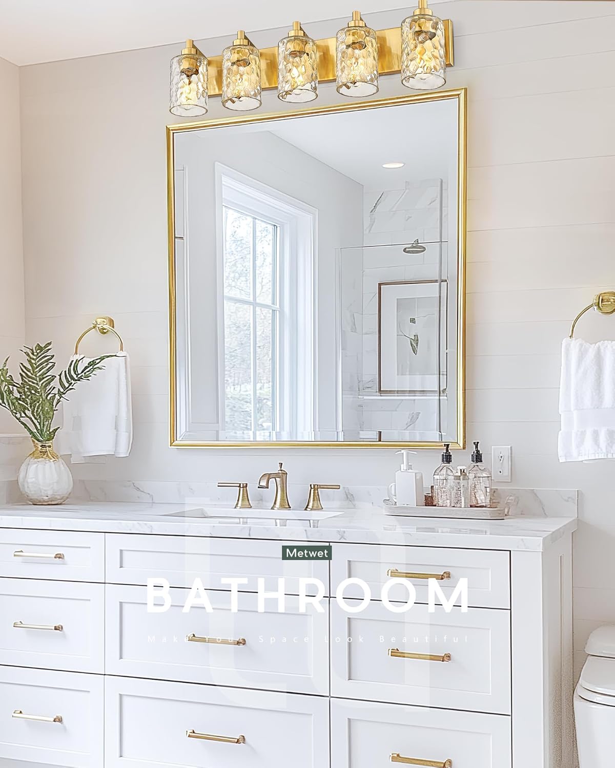 5-Light Bathroom Light Fixtures, 30 Inch Brushed Gold Vanity Lights with Clear Hammered Glass Cylinder Shade, Modern Vanity Lighting Fixture Over Mirror, VL198-BG-5