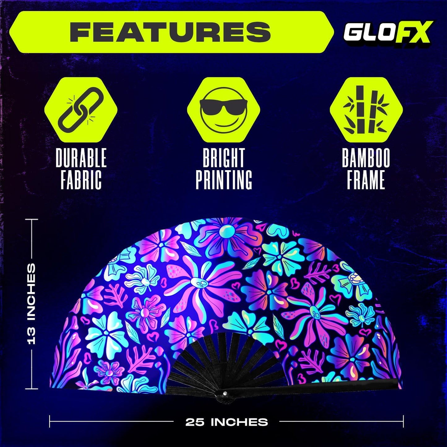 GloFX UV Glow Flower Fantasy Rave Fan - Vibrant Pink, Blue, and Purple Design - Large Folding Hand Held Fan for Festival Fashion & Festival Outfits for Women