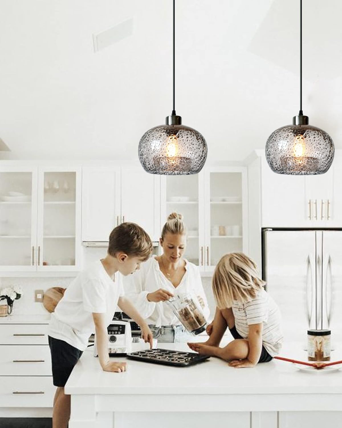 CASAMOTION Pendant Lights Kitchen Island,Clear Seeded Glass with Black Sand Powder,Modern Farmhouse Ceiling Hanging Lighting Fixtures,Dining Room Table Bedroom Oval Globe 8.7 Inch Diam 2 Pack