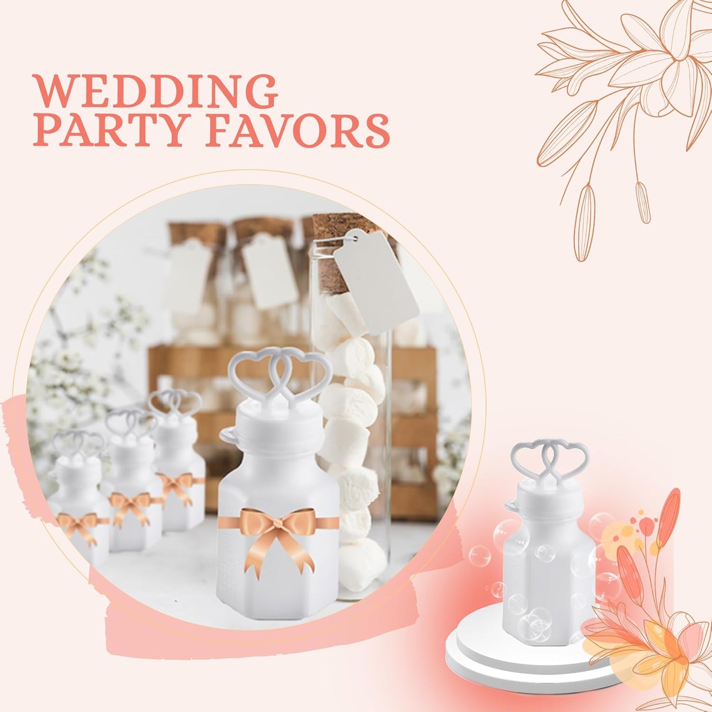 Wedding Bubbles Bulk - (48 Count) Mini White Double Heart Top Wands, Great for Bridal Party Favors, Engagement, Anniversary Celebrations, Valentine Bubbles and Wedding Favors