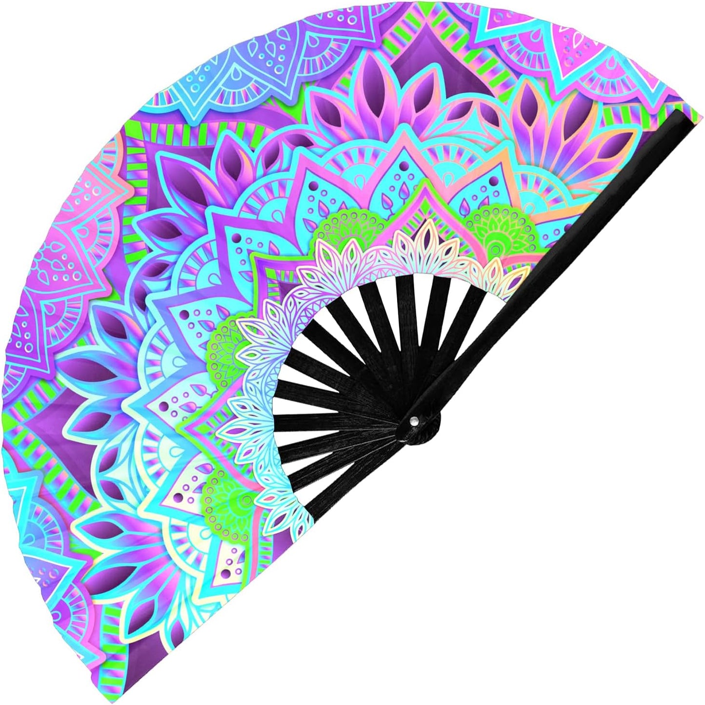 GloFX UV Glow Mandala Rave Handheld Fan - Teal, Pink, Purple & Green Design - Large Folding Fan for Festival Fashion, Essential Rave Accessories for Women, Foldable Hand Fan for Music Festival Outfits
