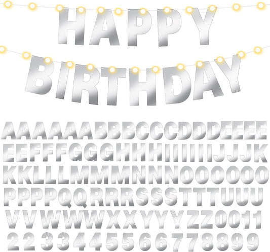 TaoBary 112 Pcs DIY Letter Kit Glitter Customizable Banner Letters Include 107 Letters and Numbers 3 Rope and 2 Needles for Birthday Halloween Christmas Wedding Valentine Party Decor(Glossy Silver)