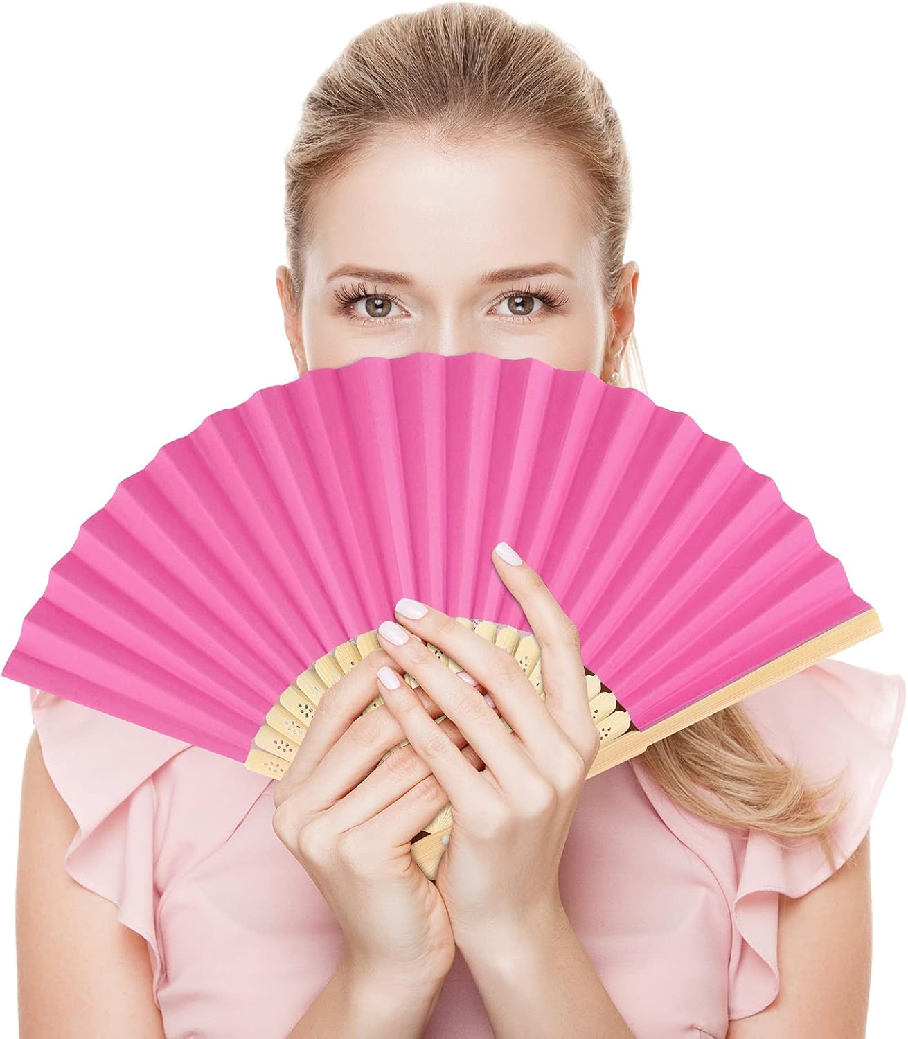 FEPITO 32 Pieces Handheld Paper Fan Paper Folding Fans with Bamboos for Wedding Gift, Party, Home, Multicolor