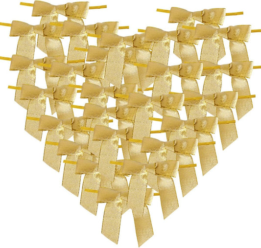 50pcs 2-1/2" Metallic Gold Bows for Crafts Pretaied Christmas Bows for Decoration with Twist Ties Hot Cut Tails(W.Gold)