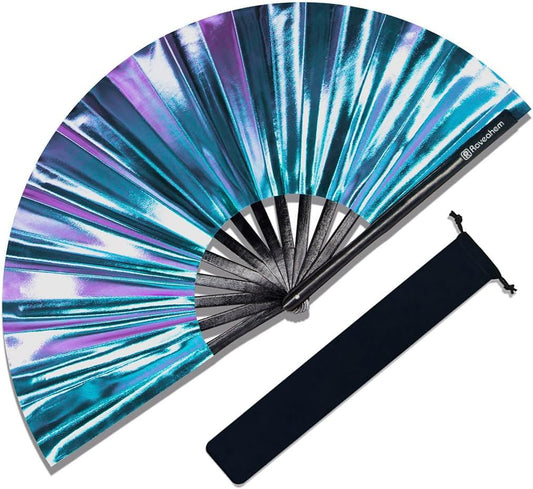 Large Rave Fan, Clack Folding Hand Fan with Premium Fabric, Thick Bamboo Frame for Men Women Gift for EDM, Festival, Club, Party, Dance, Decoration (Holographic Blue-Purple, 13")