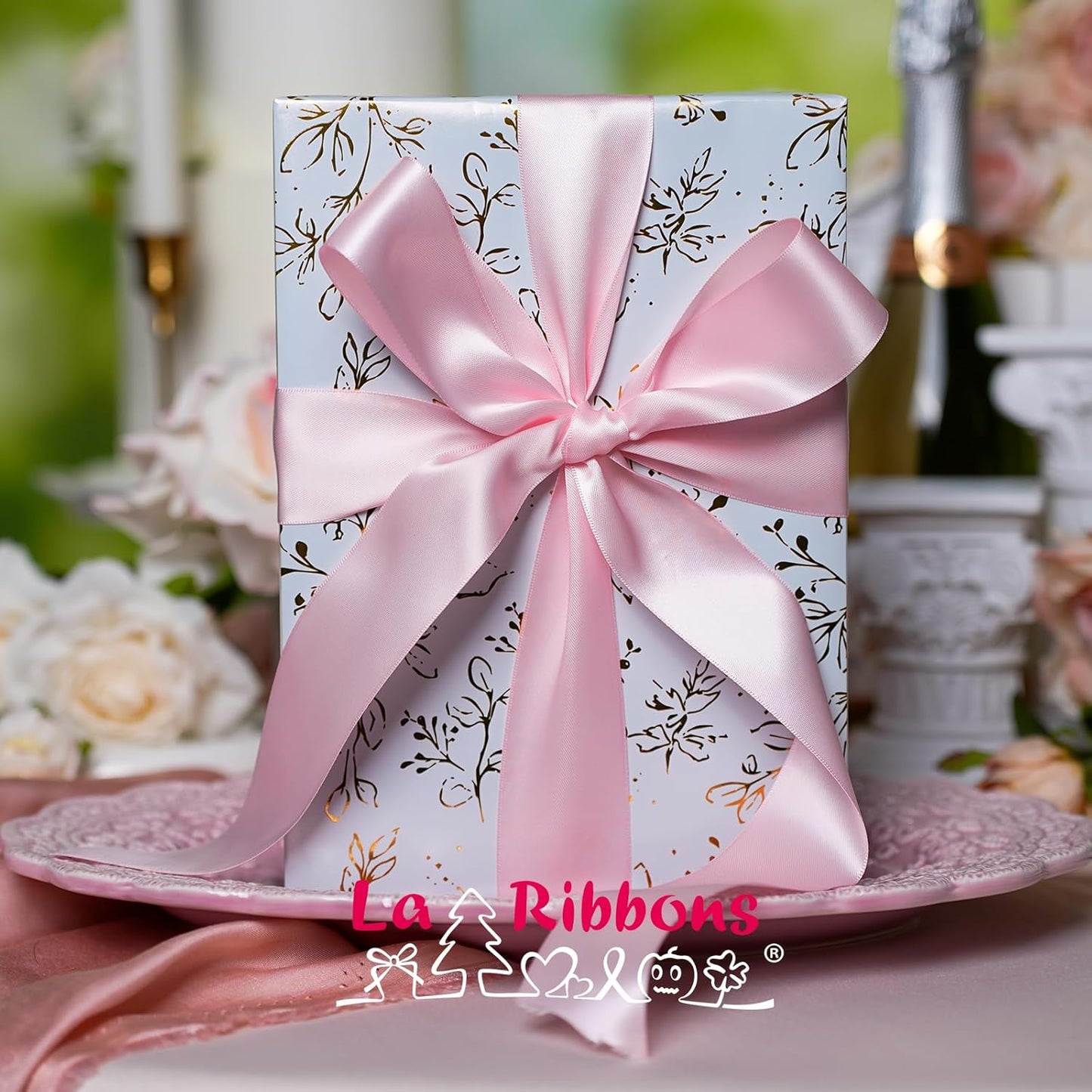 LaRibbons 3/8 Inch 50 Yard Double Faced Satin Ribbon,Rose Pink Small Satin Craft Fabric Ribbon for Gift Wrapping Floral Bouquets Wedding Party Decoration