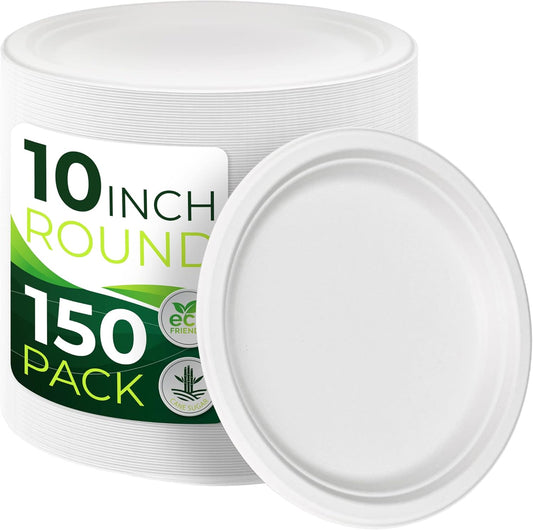 150pcs 100% Compostable Paper Plates (10in), Heavy Duty, Eco Friendly, Biodegradable Made of Sugarcane Fiber