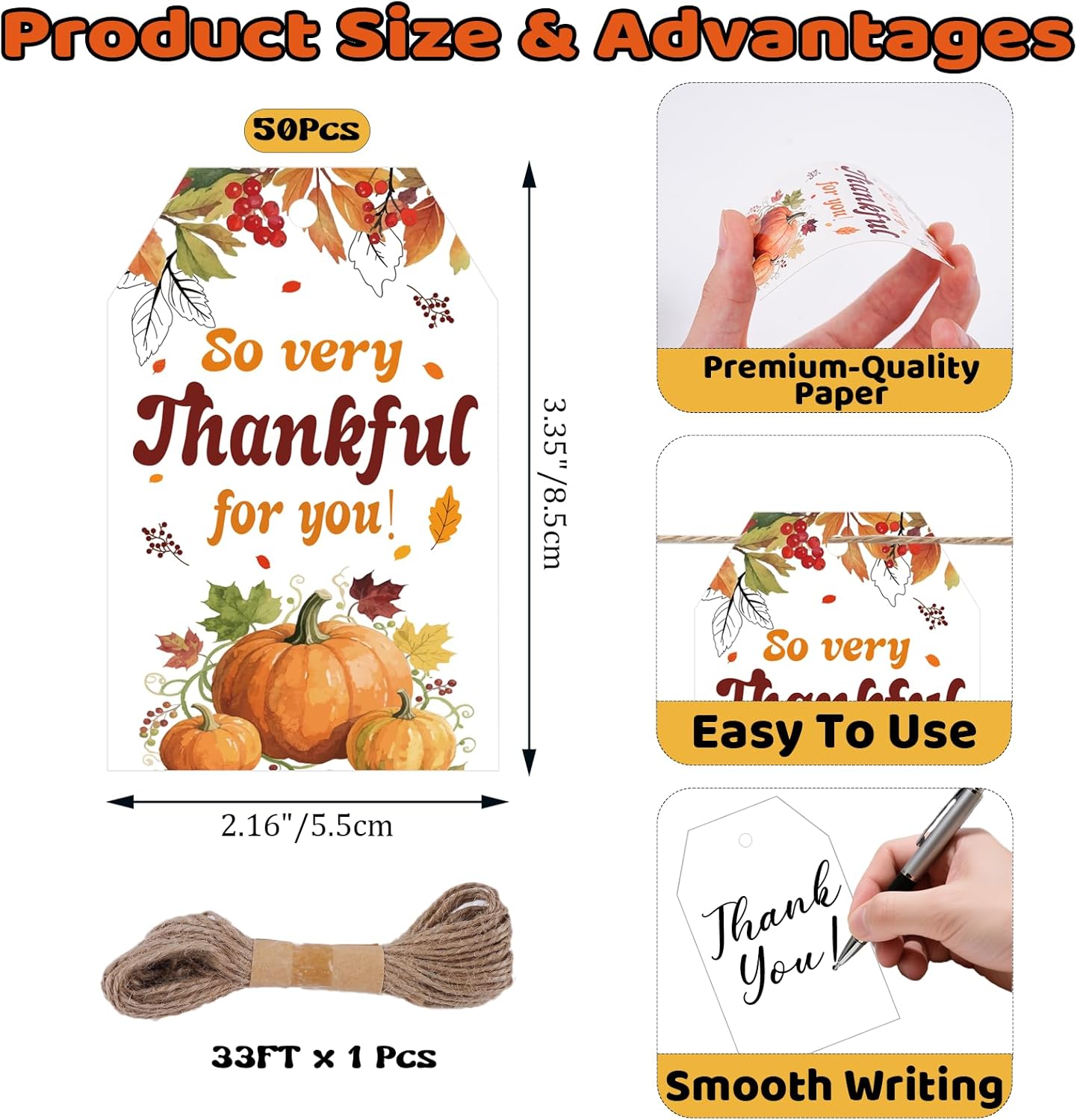 50Pcs Thanksgiving Gift Tags with String, 3.3x2.1 Inch So Very Thankful for You Tags with Pumpkin Leaf, Thanksgiving Name Tags for Gift Bags Fall Day Autumn Holiday Party Favors DIY Craft