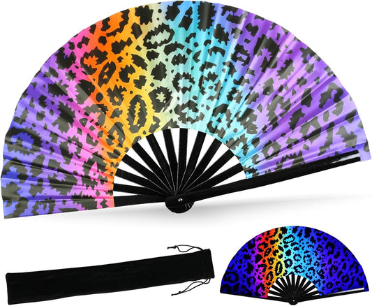 SYNTECSO Folding Hand Fan for Rave, Popping Fan for Line Dancing, Drag Queen, Women and Men Gift，Chinese Japanese UV Glow Clack Fan for Parties, Music Festivals, EDM and Decoration