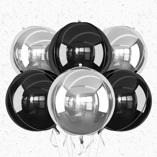 6Pcs Silver Black Round Foil Balloons,Giant 4D Round Ball Balloon,22 Inch Metallic Balloons for Birthday Wedding Graduation Prom Party Decorations