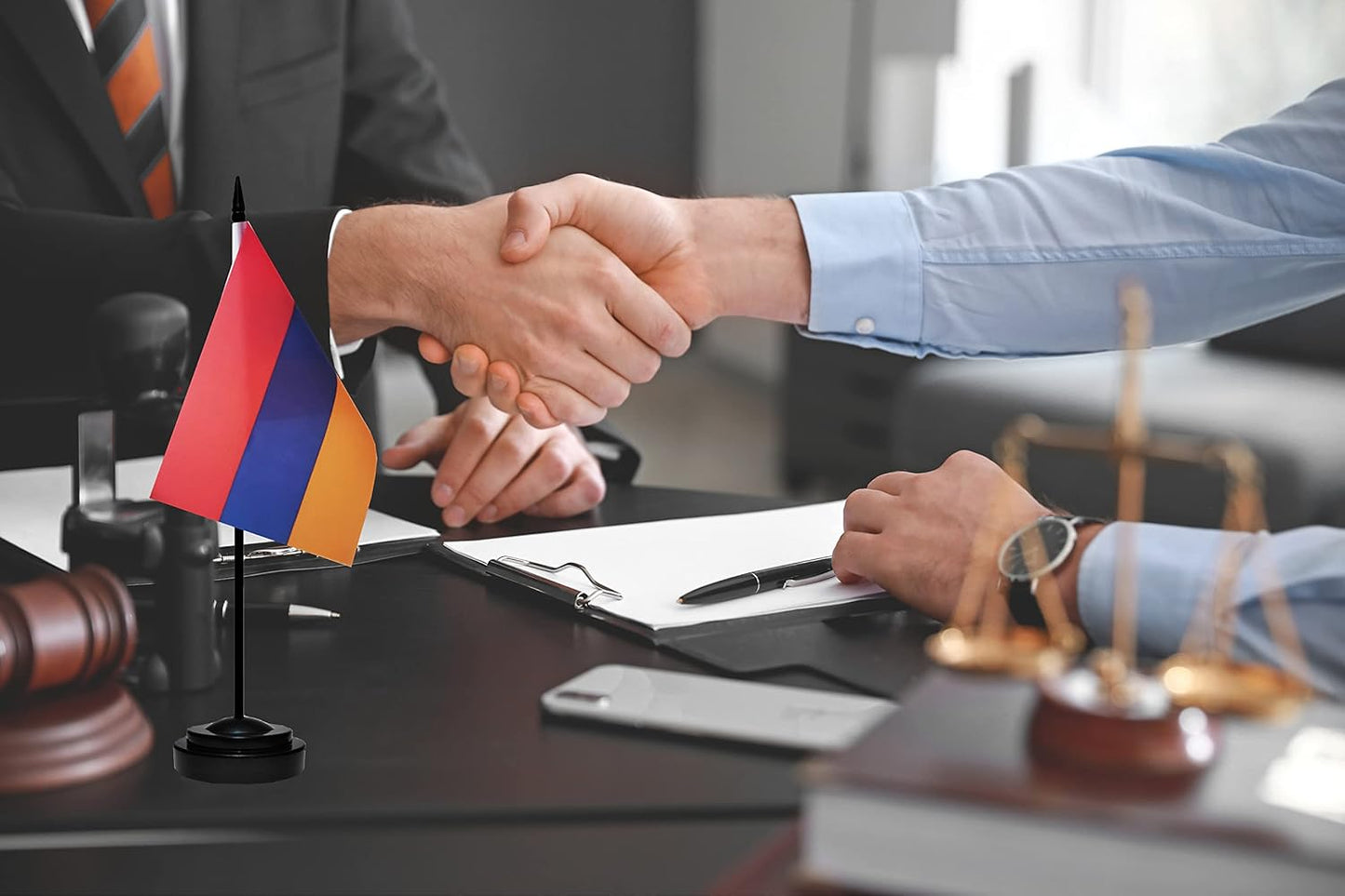 Armenia Armenian Deluxe Desk Flag Set Small Mini Miniature Armenia Armenian Table Desktop Flags With Solid Pole, Black Base and Spear Top(2 Pack)