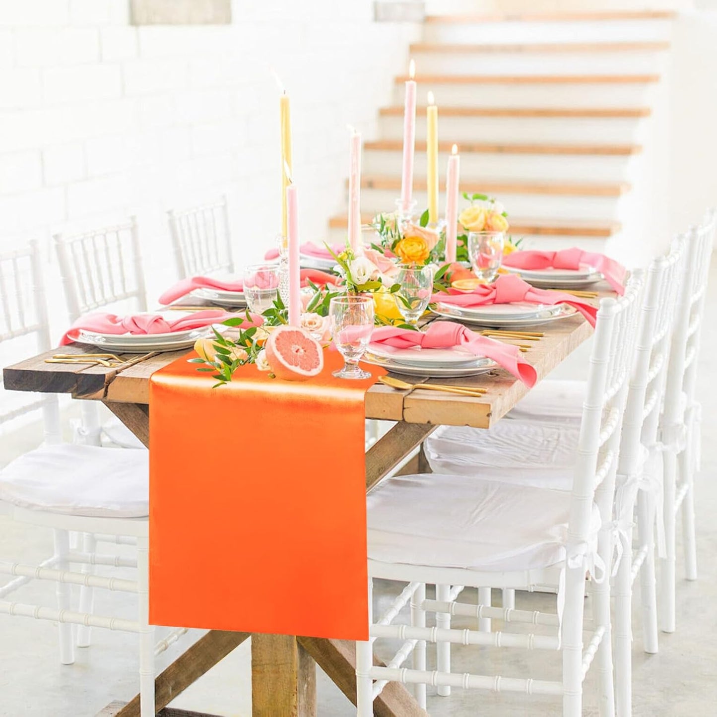 10 Pack Satin Table Runner 12 x 108 Inch Long Orange Silk Table Runner for Wedding Party Banquet Birthday Decoration