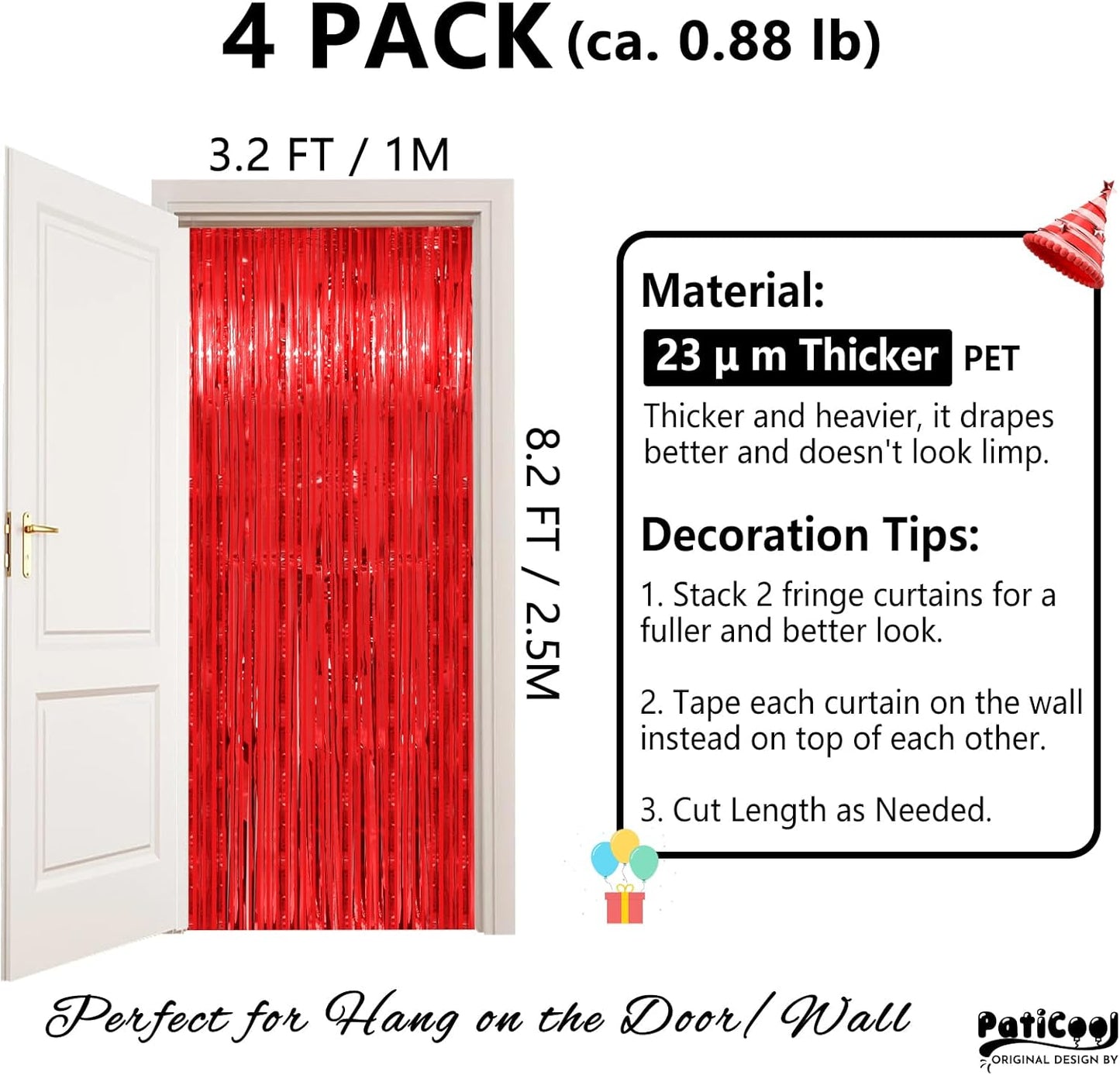 Christmas Decorations Red Streamers - Thicken 4 Pack 3.2 x 8.2 FT - Red Tinsel Foil Fringe Curtains Party Backdrop for Birthday, Casino, Carnival, Cherry, Hollywood Red Carpet Party Decorations