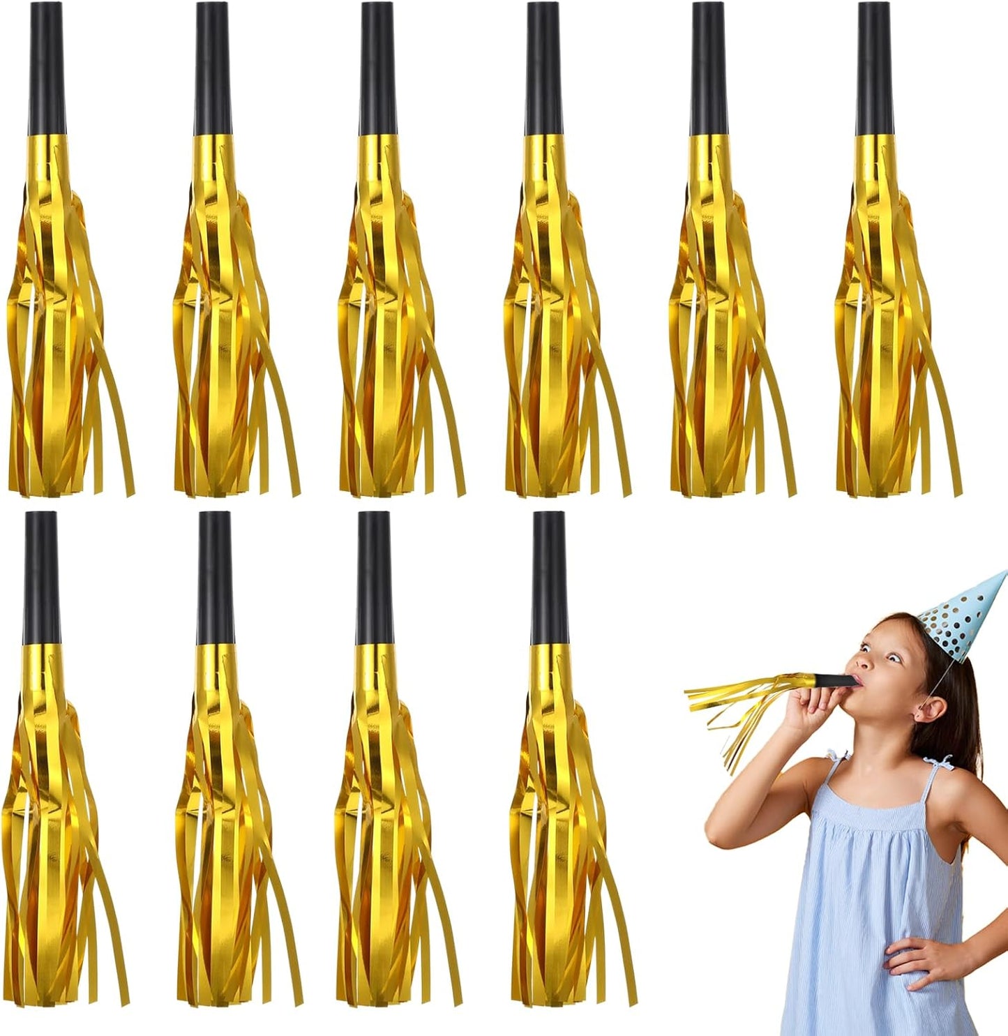 24 Pcs Party Horns, Party blowers Noise Makers, Graduation Noise Makers Glitter Metallic Fringed Birthday Blowers for Wedding Birthday Graduation Ceremony Festival (Gold)