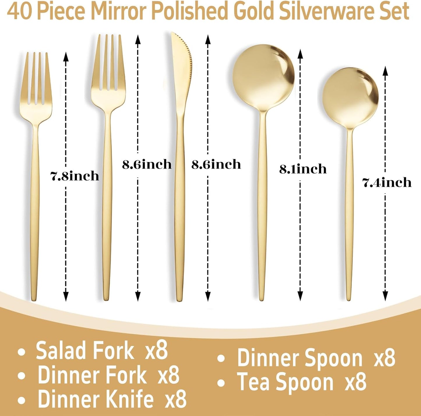 NOCCUR 40-Piece Gold Silverware Set for 8 - Stainless Steel Gold Flatware Set Include Knives, Spoons and Forks for Home/Party/Thanksgiving
