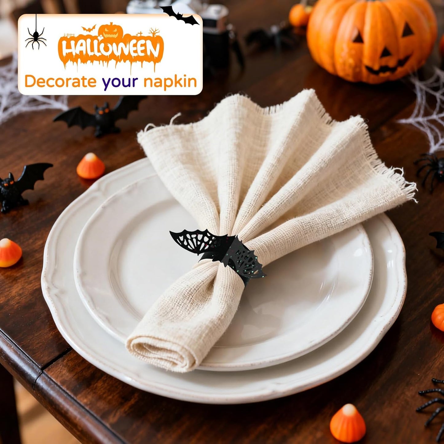 100 Pcs 3D Halloween Bat Napkin Rings, Silverware Wraps Bands,Table Setup Wedding Valentines Day Event Party Supply Table Settings, Glossy Serviette Buckles Decor (Black Bat)