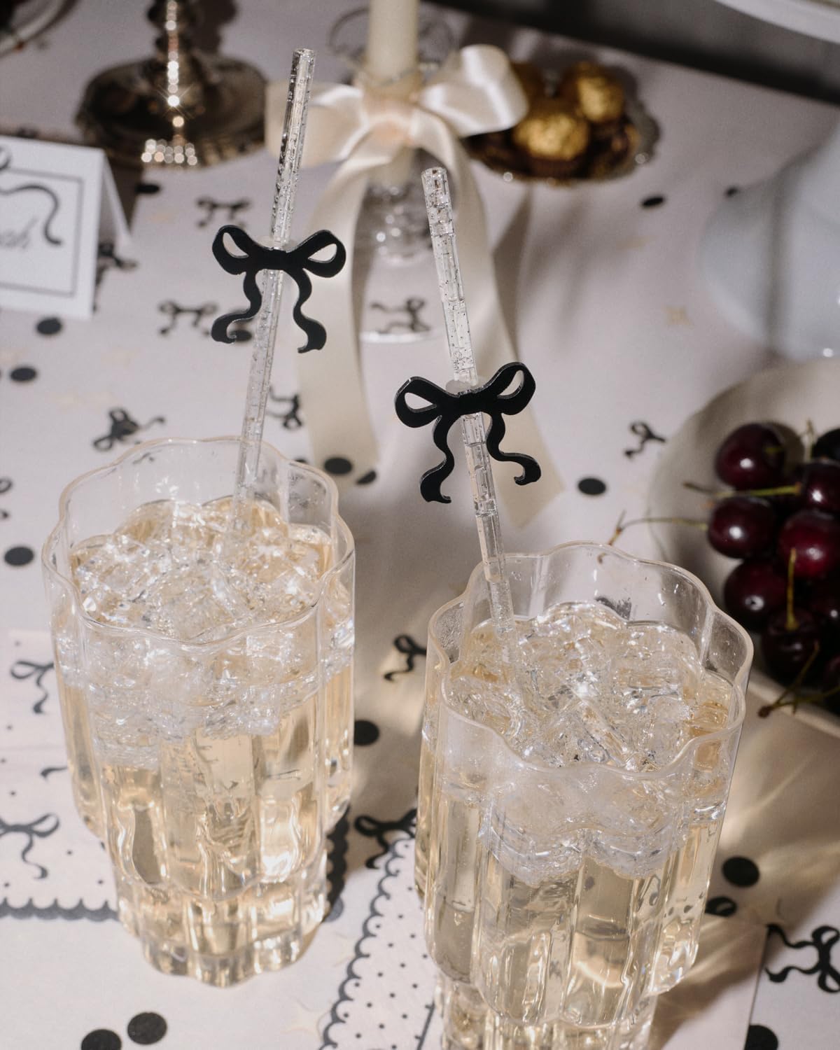 xo, Fetti Black Bow Reusable Straws, 12pcs - Clear Glitter Plastic | Birthday Drink Decorations, Coquette Drinkware, Tying the Knot Party Favor, Bachelorette Decor