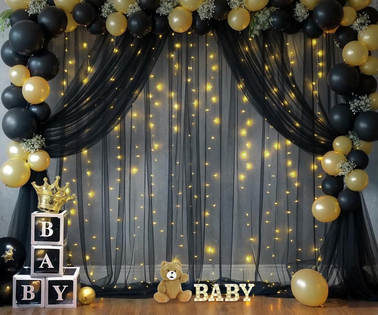 20ft x 10ft Black Tulle Photo Backdrop Curtain with Lights String for Parties Sheer Black Curtain Backdrop for Birthday Party Baby Shower Wedding Photo Booth Photography Background Decorations