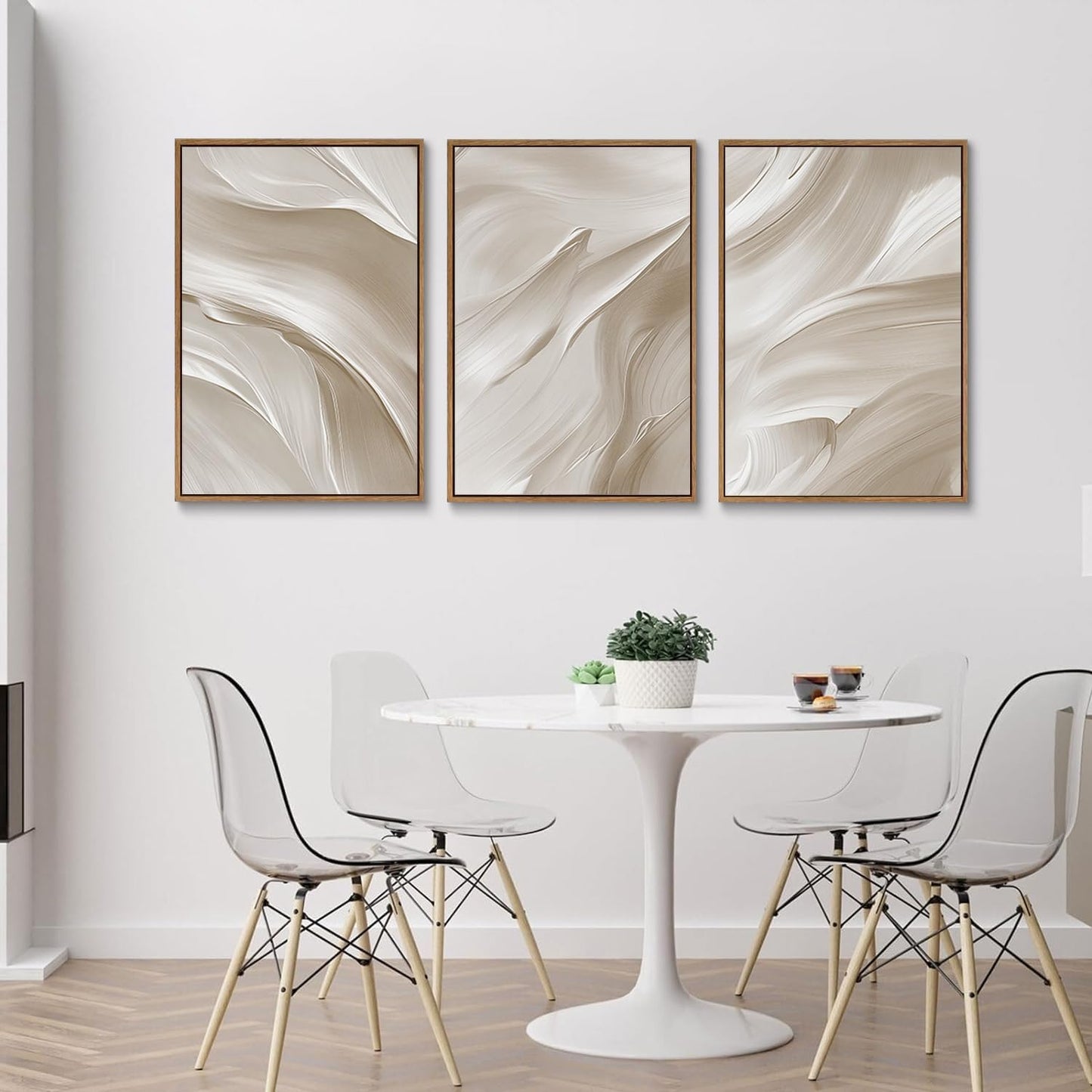 myusuar 3 Piece Large Abstract Framed Wall Art For Living Room, Smoke Texture Ink Beige White Canvas Wall Art Modern Minimalist Art Prints Wall Décor For Bedroom Office 24x36in