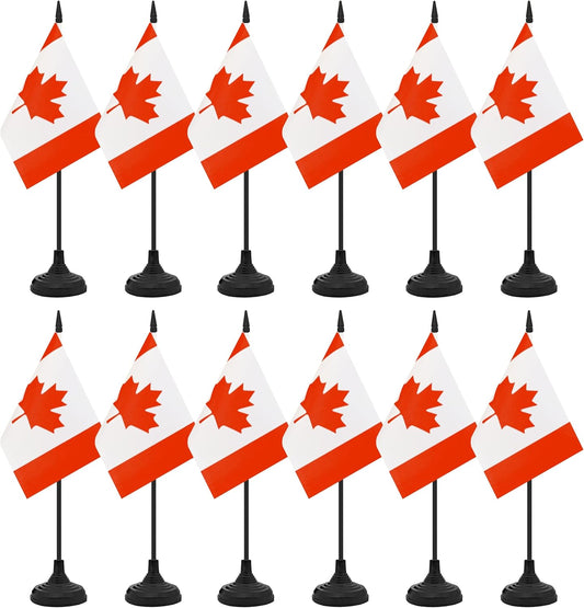 12 Pack Canada Desk Flag Set, Canadian Table Office Flag, Small Miniature Desktop Flag With Black Pole and Black Base, Classroom, Offices Meeting Desk Decoration (Canada)