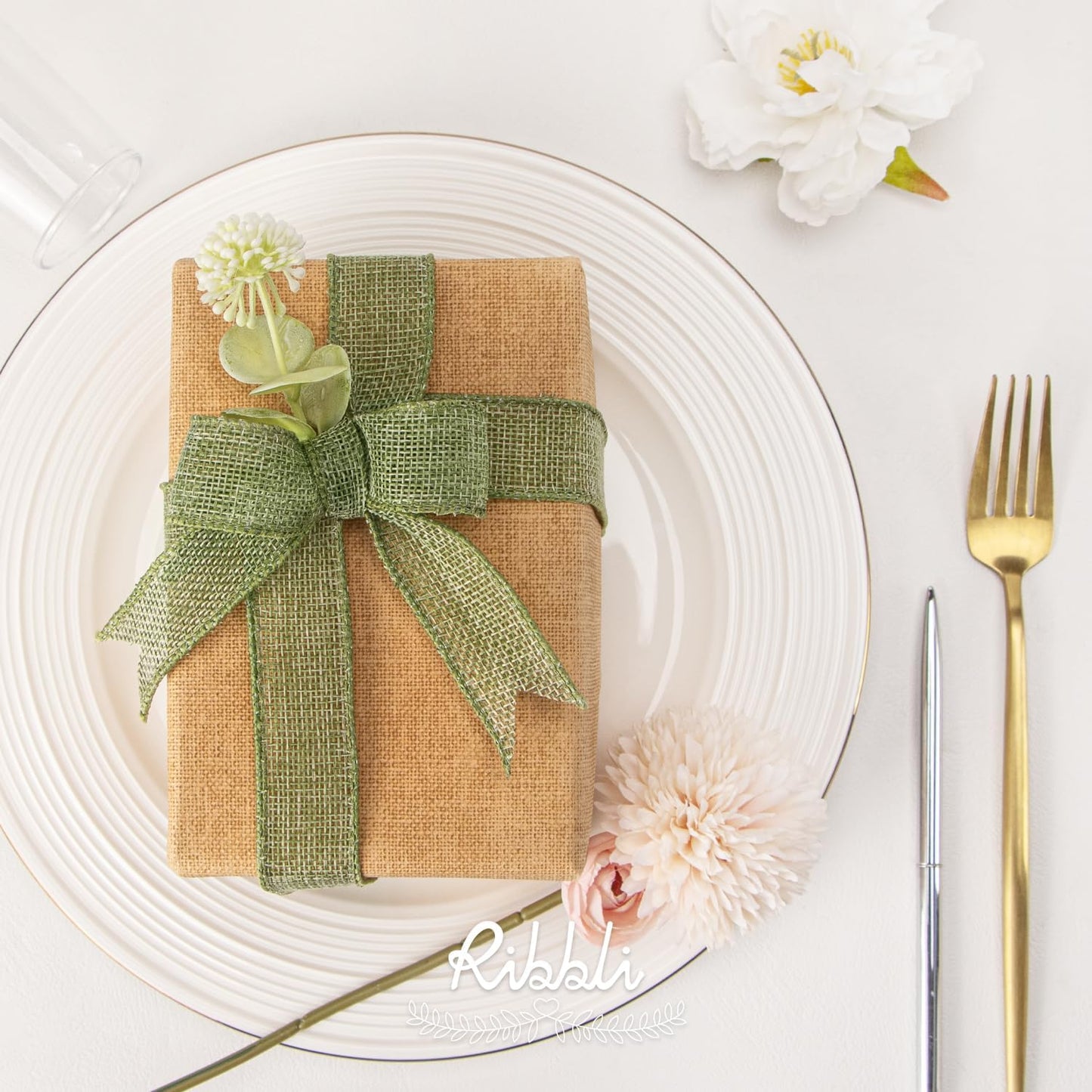 Ribbli Sage Green Burlap Wired Ribbon, 1” Inch x Continuous 20 Yard, Spring Moss Wired Ribbon for Wreaths,Big Bows,Tree Decoration,Outdoor Decoration