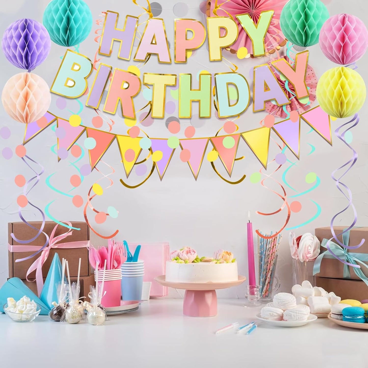 Fecedy Macaron Superlarge Alphabet Happy Birthday Banner Colorful Flag Bunting Circle Confetti Garland Swirl Streamers Honeycomb Ball for Birthday Party Decorations