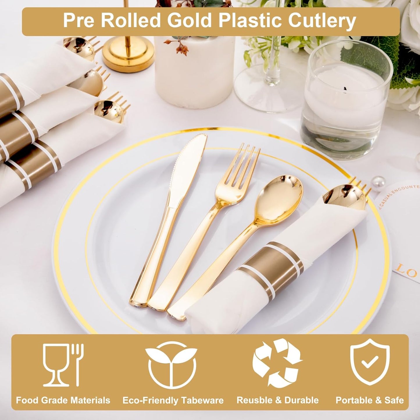 50Guests Pre Rolled Gold Plastic Silverware Sets - Heavy Duty Gold Cutlery - Include 50 Pack Wrapped Disposable Utensils with Napkins for Parties, Dinners & Weddings