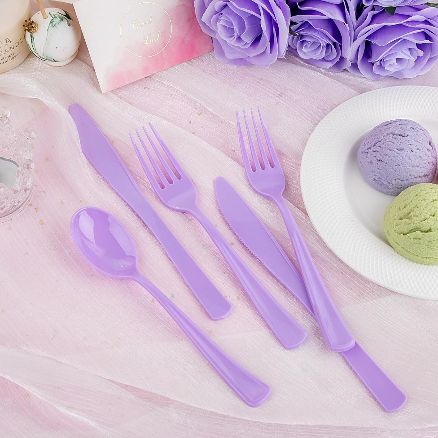 WDF 160 Piece Purple Plastic Silverware - Heavy Duty Purple Silverware Includes 80 Forks, 40 Spoons, 40 Knives, Lavender Plastic Utensils Perfect for Wedding, Party