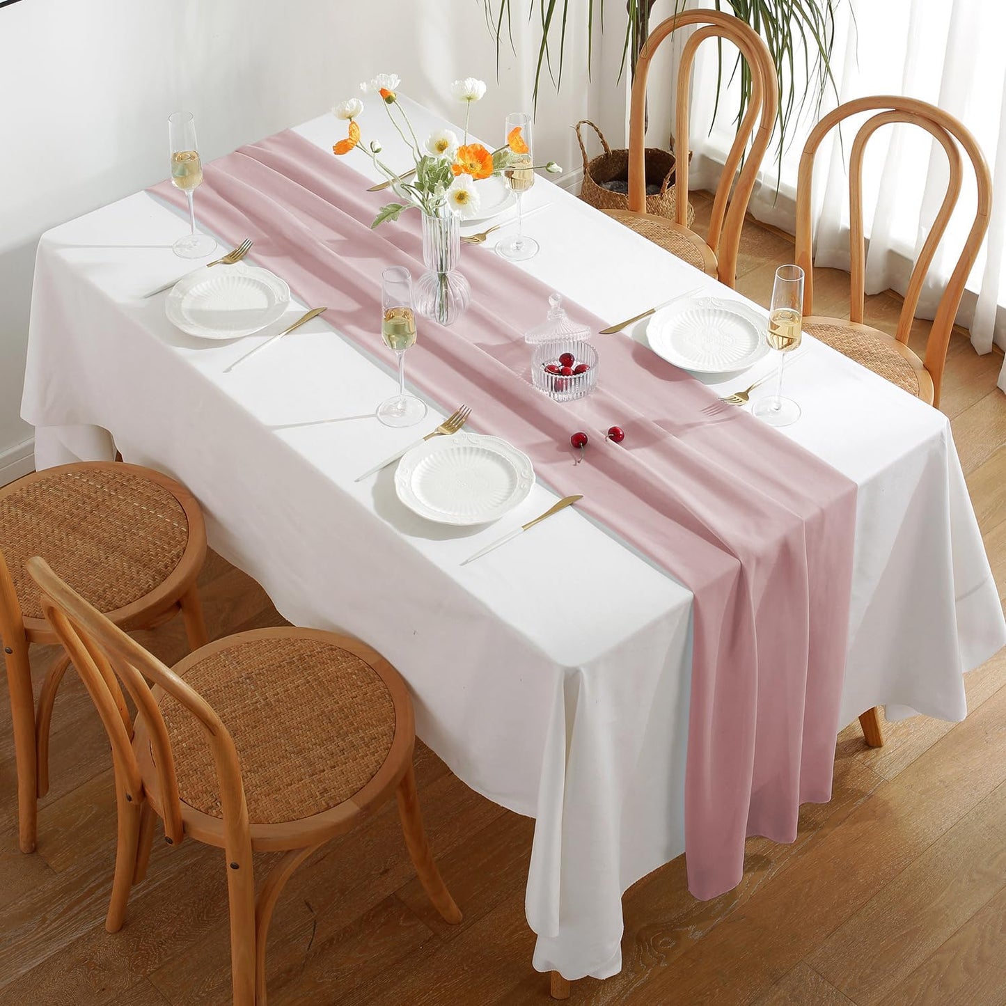 2 Pack 10 Ft Chiffon Table Runner Dusty Rose Gauze Long Table Runners 27x120 Inches Sheer Tulle Table Runner for Rustic Wedding Reception Bridal Shower Decorations Birthday Party