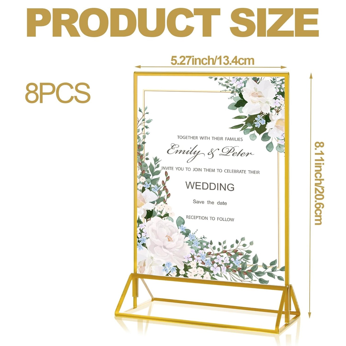 8PCS 5x7" Double-Sided Acrylic Sign Holders, Clear Gold Picture Frames, Table Number Holders with Golden Border for Wedding Reception, Centerpiece, Decoration, Party
